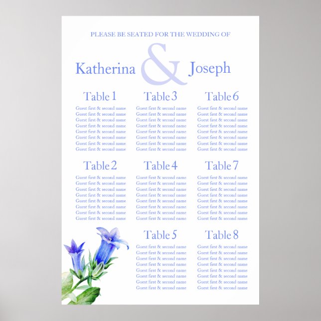 Poster Plan de table de Mariage bleu 1-8 (Devant)