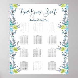 Poster Plan de table de mariage bleu clair jaune vert