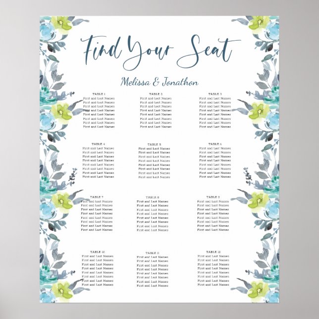 Poster Plan de table de mariage bleu clair jaune vert (Devant)
