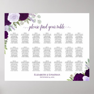 Poster Plan de table de mariage bohème floral violet à 21
