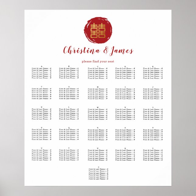 Poster Plan de table de mariage Bonheur Double Rouge (Devant)