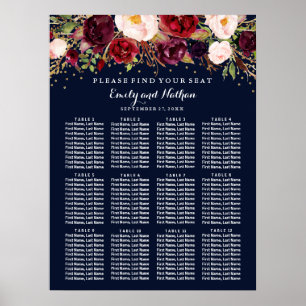 Poster Plan de table de mariage bordeaux or marine floral