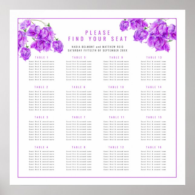 Poster Plan de table de mariage Bougainville pourpre 16 p (Devant)