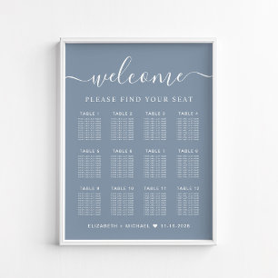Poster Plan de table de mariage chic 12 tables bleu pouss