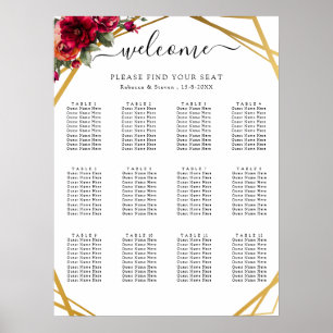 Poster Plan de table de mariage chic rouge floral faux or