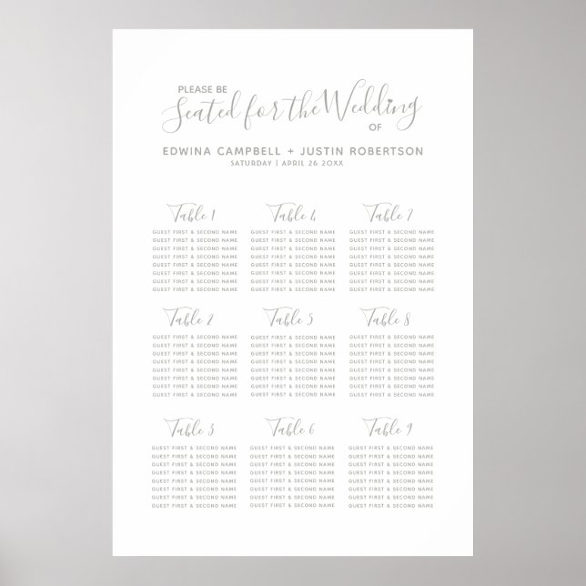 Poster Plan de table de mariage de script gris (Devant)