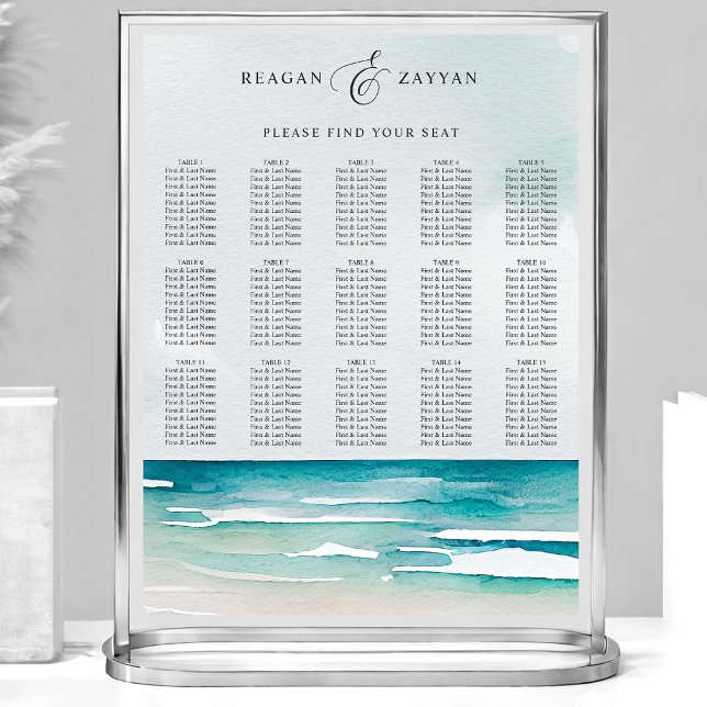 Poster Plan de table de mariage d'été à la plage à l'aqua (Créateur téléchargé)