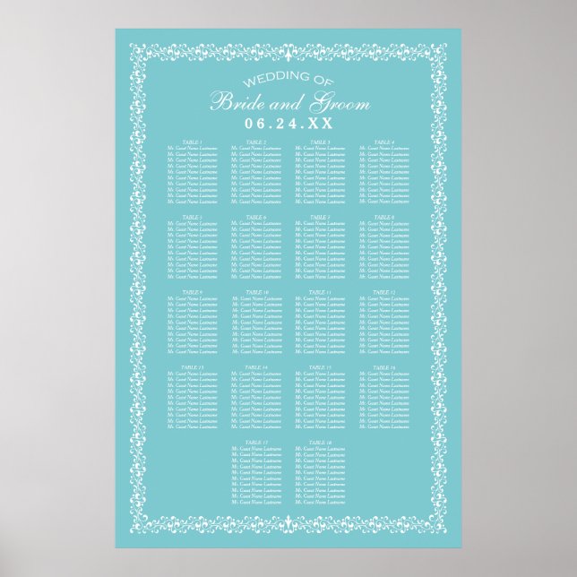 Poster Plan de table de mariage élégant Aqua Bleu avec fi (Devant)