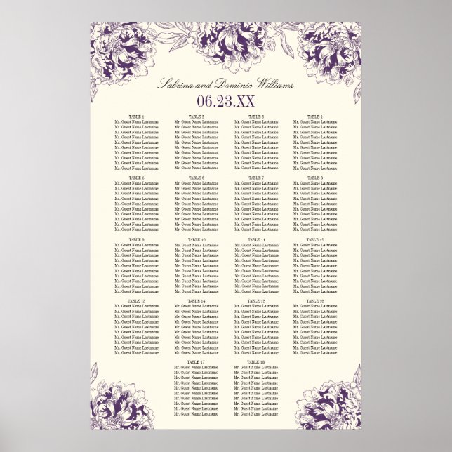 Poster Plan de table de mariage élégant aux fleurs de piv (Devant)