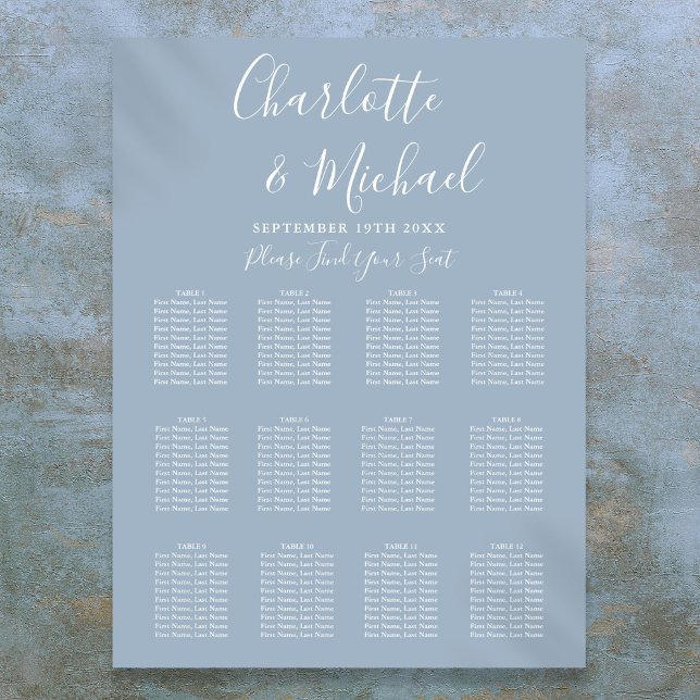 Poster Plan de table de mariage élégant bleu poussiéreux  (Dusty Blue Elegant Signature Wedding Seating Chart)