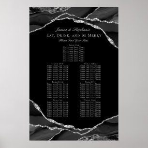 Poster Plan de table de mariage élégant en agate noir arg