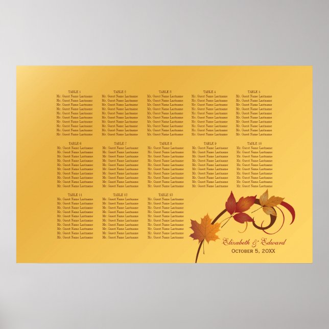 Poster Plan de table de mariage élégant en feuilles jaune (Devant)