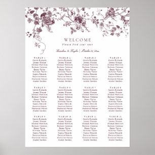 Poster Plan de table de mariage élégant floral Merlot vin