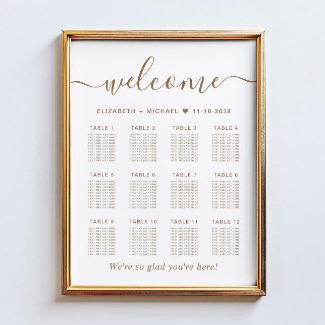 Poster Plan de table de mariage élégant or script 12 (Créateur téléchargé)