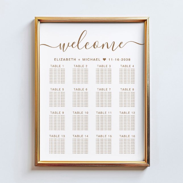 Poster Plan de table de mariage élégant or script 16 (Créateur téléchargé)