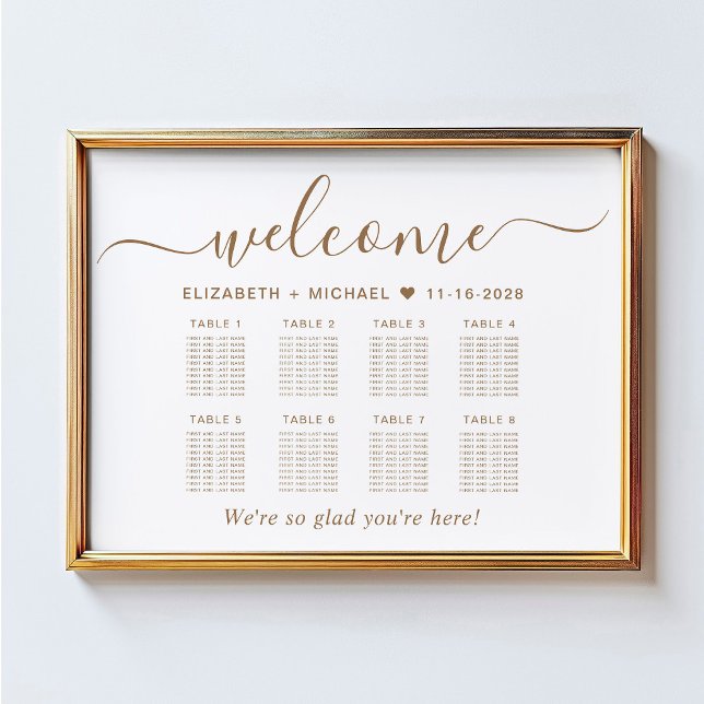 Poster Plan de table de mariage élégant or script 8 (Créateur téléchargé)