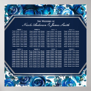 Poster Plan de table de mariage Fleurs Florales Indigo Bl