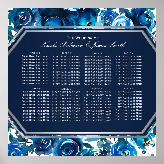 Poster Plan de table de mariage Fleurs Florales Indigo Bl (Devant)