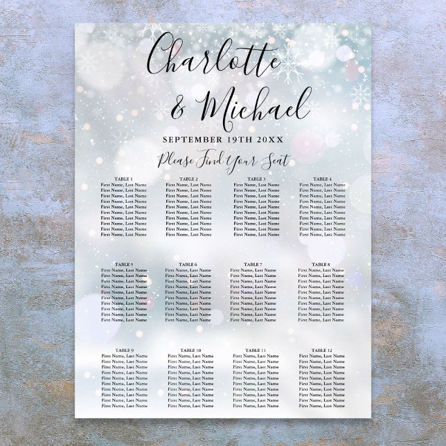 Poster Plan de table de mariage Flocons de neige d'hiver (Winter Snowflakes Wedding Seating Chart)