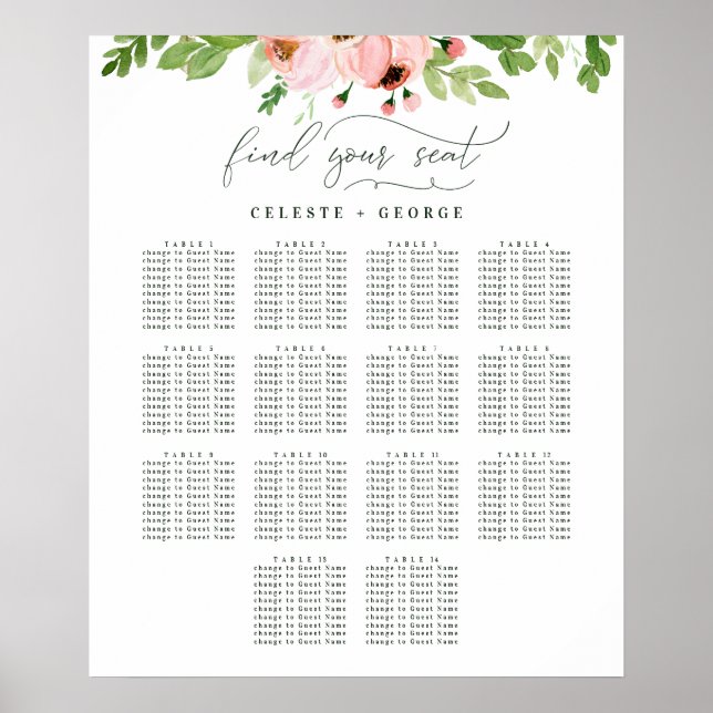 Poster Plan de table de mariage floral aquarelle rose blu (Devant)