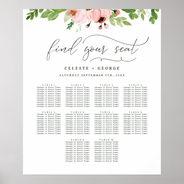 Poster Plan de table de mariage floral aquarelle rose sau (Devant)
