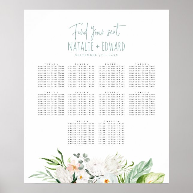 Poster Plan de table de mariage floral aquarelle tropical (Devant)