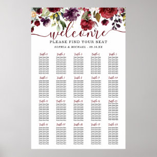 Poster Plan de table de mariage floral burgonde