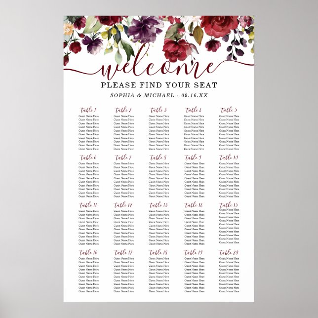 Poster Plan de table de mariage floral burgonde (Devant)