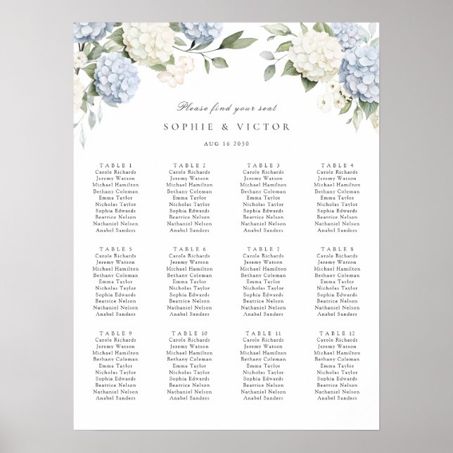 Poster Plan de table de mariage Floral Hydrangea 12 (Devant)