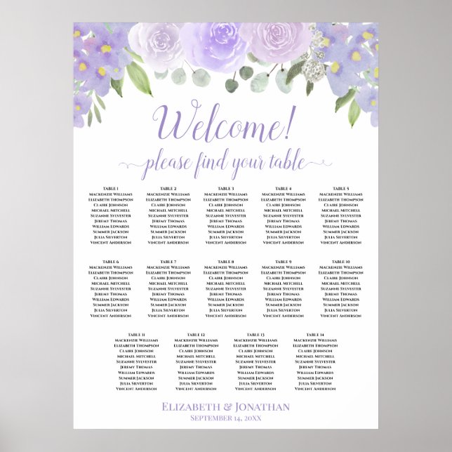 Poster Plan de table de mariage floral lavande 14 tables (Devant)