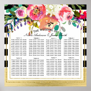 Poster Plan de table de mariage floral moderne noir blanc
