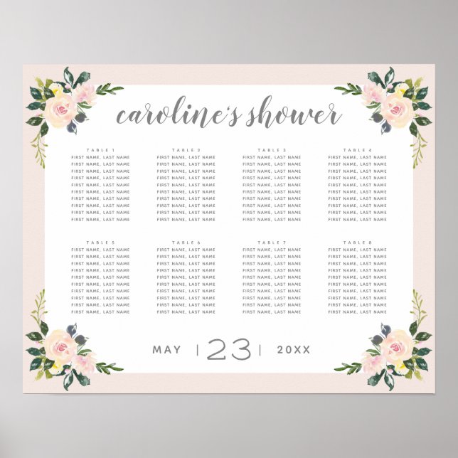 Poster Plan de table de mariage floral printanier rose (Devant)