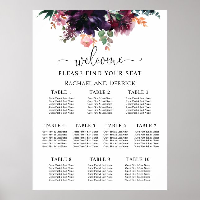 Poster Plan de table de mariage floral profond luxueux (Devant)
