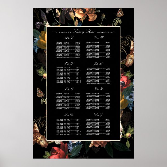Poster Plan de table de mariage floral romantique sombre  (Devant)