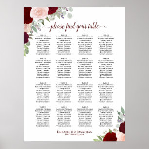 Poster Plan de table de mariage floral rouge et rose pour