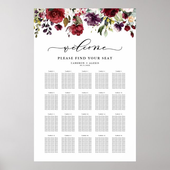 Poster Plan de table de mariage floral rouge et violet Bo (Devant)