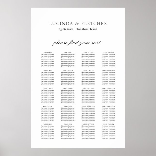 Poster Plan de table de mariage formel classique élégant (Devant)
