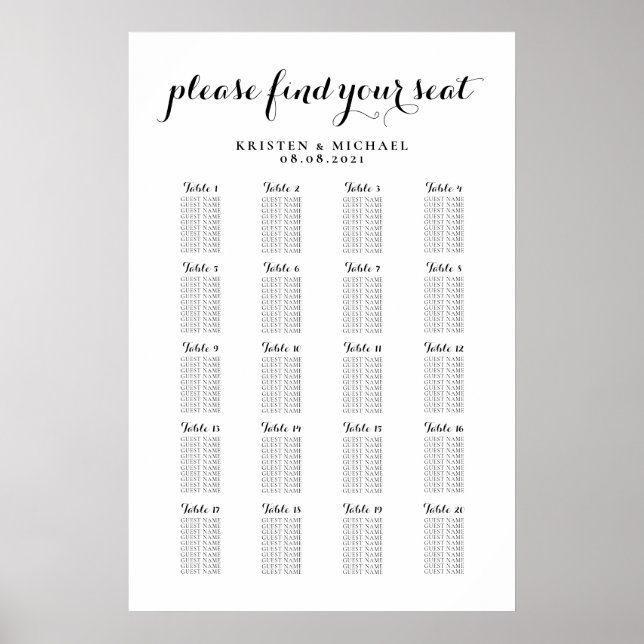 Poster Plan de table de mariage grand format 20 tables (Devant)