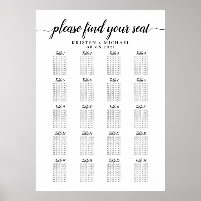 Poster Plan de table de mariage grand format 20 tables (Devant)