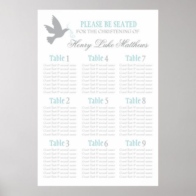 Poster Plan de table de mariage gris colombe bleu aqua 1- (Devant)