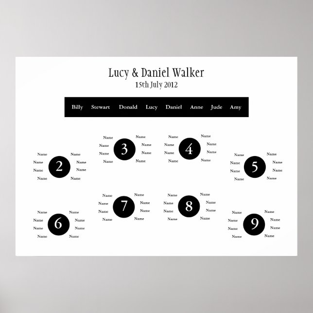 Poster Plan de table de Mariage noir et blanc (Devant)