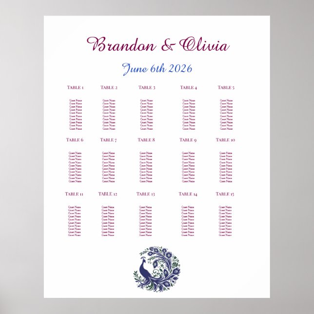 Poster Plan de table de mariage Paon Bleu Royal (Devant)