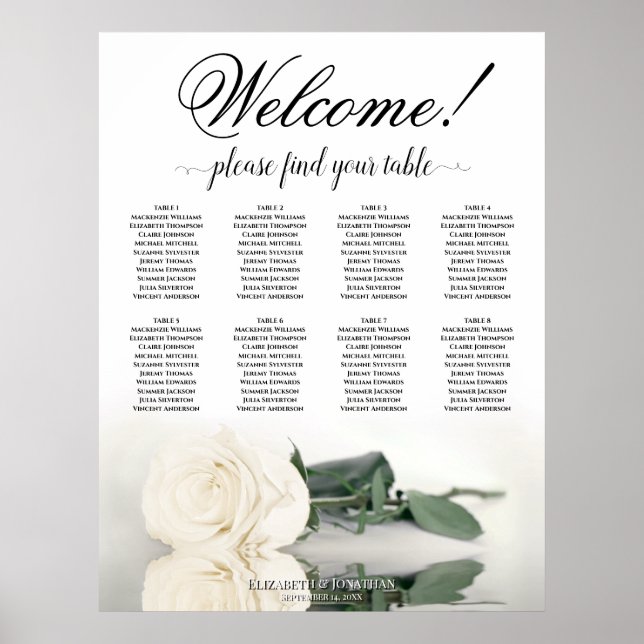 Poster Plan de table de mariage Rose blanche de la table  (Devant)