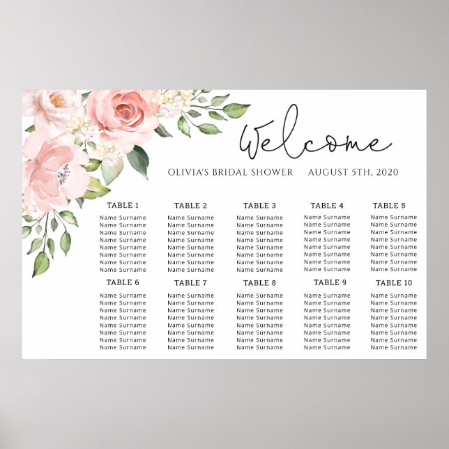 Poster Plan de table de mariage rose floral blush (Devant)