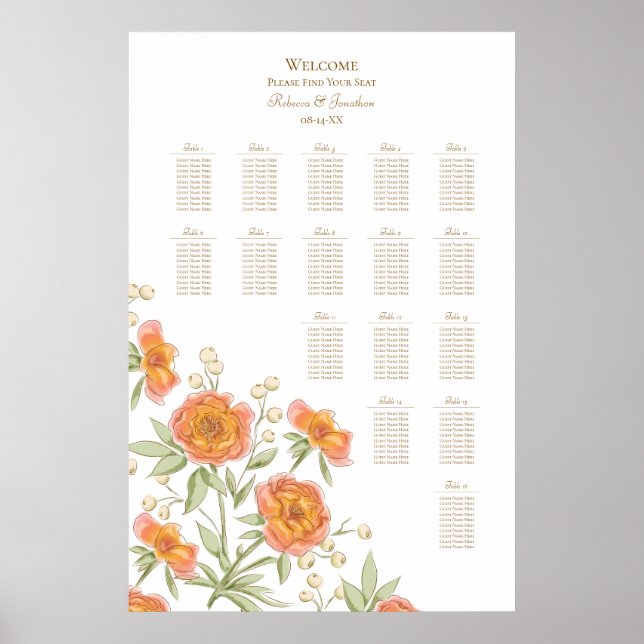Poster Plan de table de mariage Rose Orange (Devant)