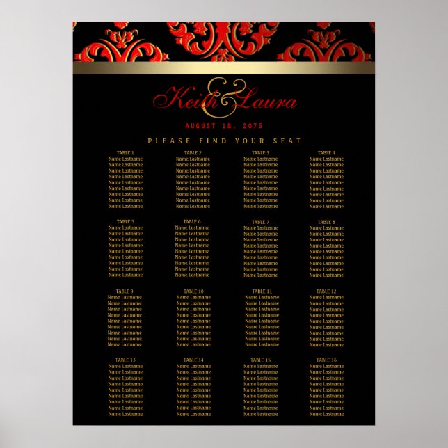 Poster Plan de table de mariage Rouge Noir Or (Devant)