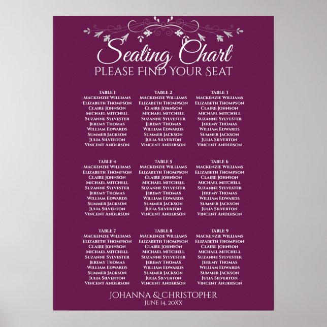 Poster Plan de table de mariage Silver on Cassis 9 (Devant)