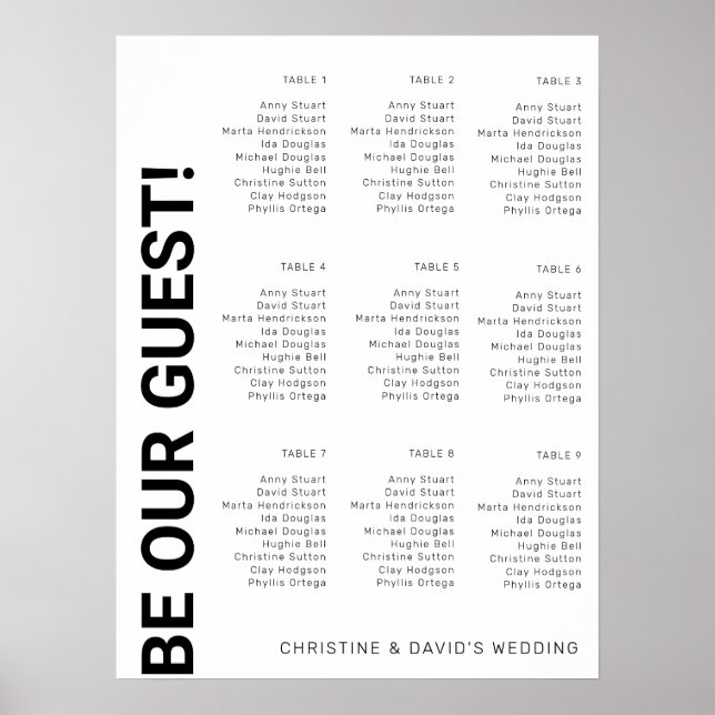 Poster Plan de table de mariage simple blanc pour 9 table (Devant)