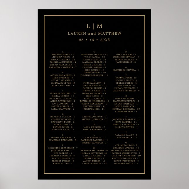 Poster Plan de table de mariage simple noir et or (Devant)