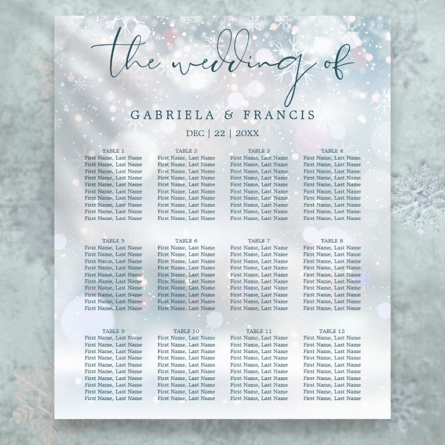 Poster Plan de table de mariage sous la neige Winter Wond (Winter Wonderland Snow Wedding Seating Chart
)